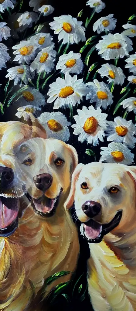 Labradors playing in a field of daises, a scene from the Infinite Tapestry endless AI painting
