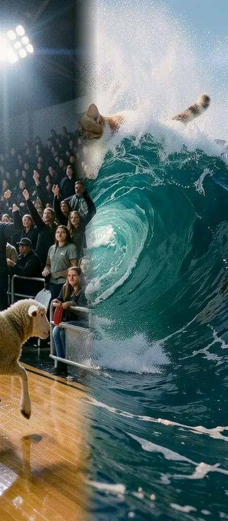 a cat surfing a giant wave, a scene from the Infinite Tapestry endless AI painting