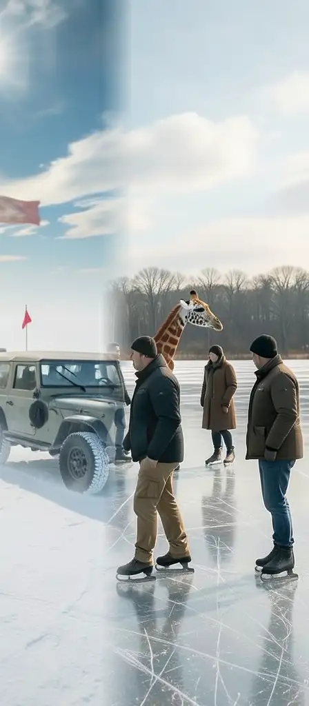 a giraffe ice skating on a frozen lake, a scene from the Infinite Tapestry endless AI painting