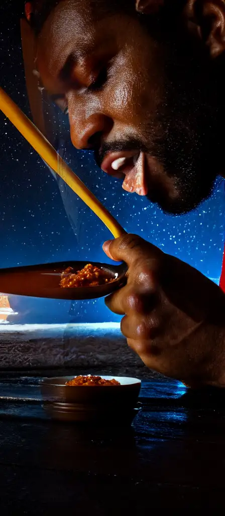 A living man made of jambalaya eats himself with a spoon, a scene from the Infinite Tapestry endless AI painting