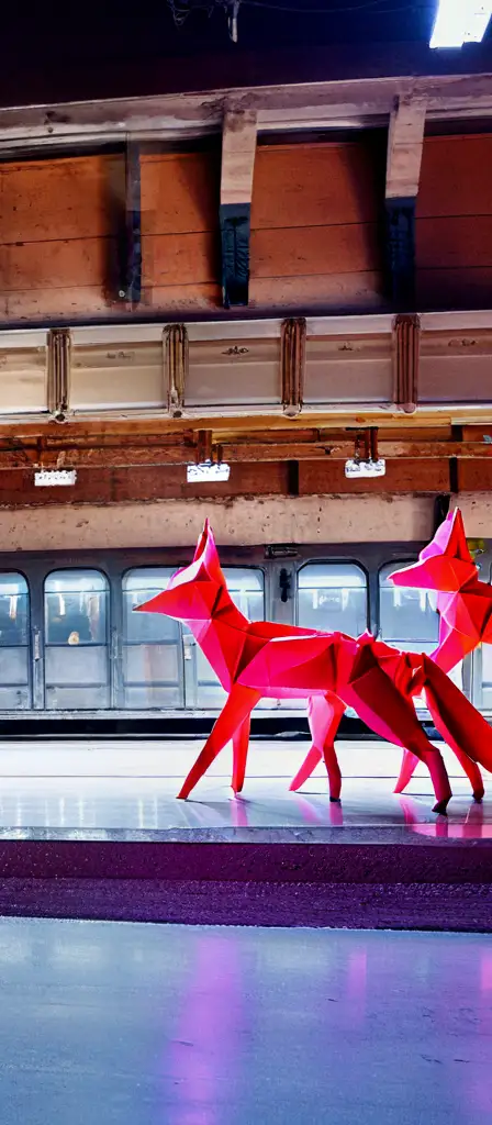 neon origami fox parade 00bb3a, a scene from the Infinite Tapestry endless AI painting