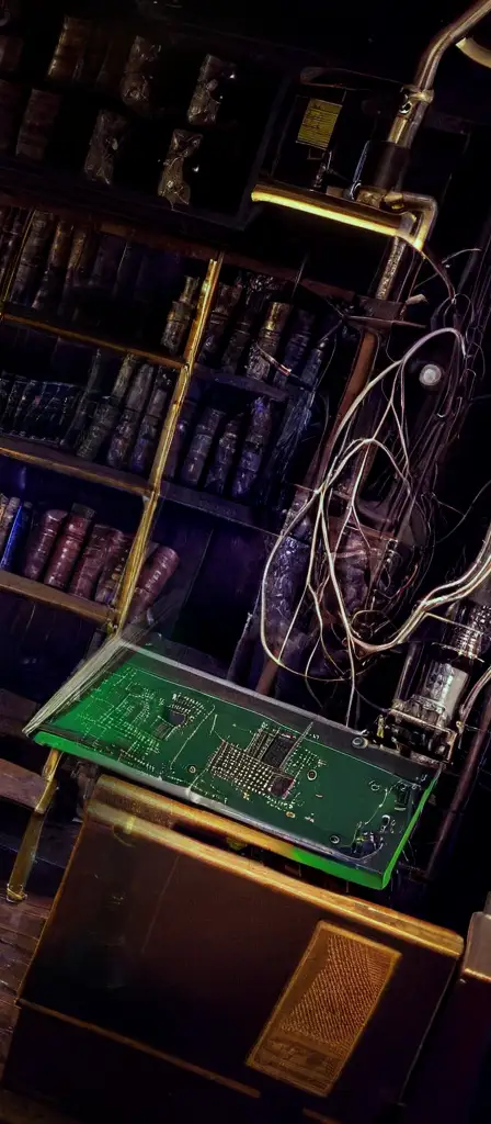 Electron microscope images of a circuitboard transistor, a scene from the Infinite Tapestry endless AI painting