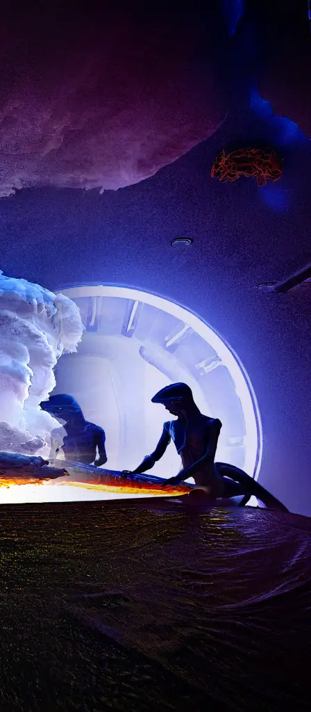 roswell aliens on their ship doing a dissection on you. POV, a scene from the Infinite Tapestry endless AI painting