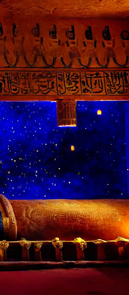 interior chamber of a egyptian tomb. with hieroglyphs coveing the walls, a scene from the Infinite Tapestry endless AI painting