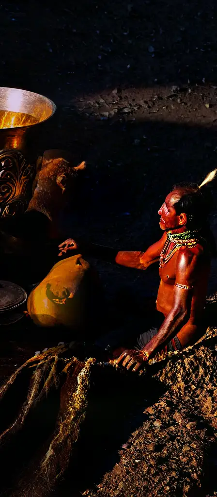 uncontacted tribes men in the middle of desert during the middle of the day in scorching heat fighting a lion, a scene from the Infinite Tapestry endless AI painting