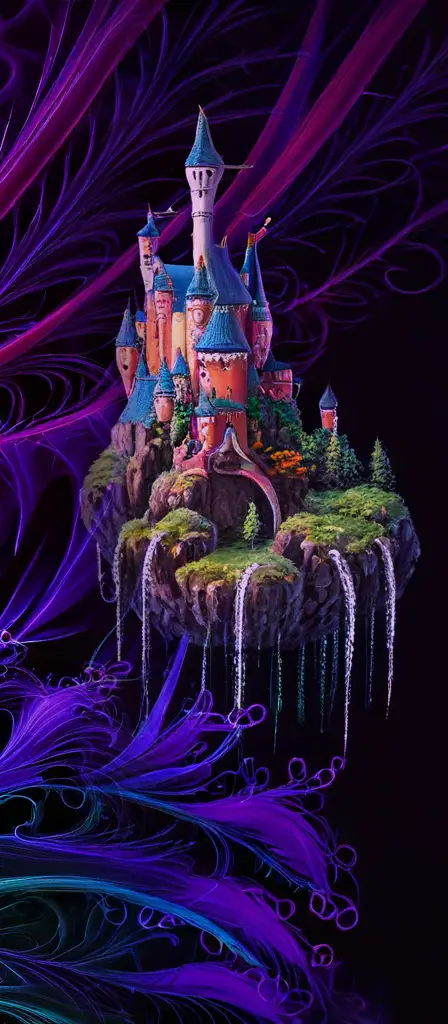 Floating sutdio ghibli fortress in the clouds, waterfalls coming down the side, a scene from the Infinite Tapestry endless AI painting