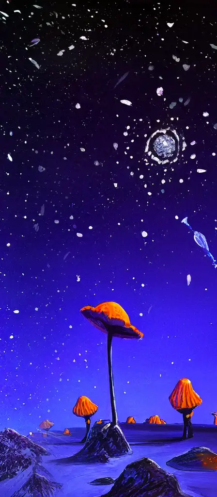 A pink desert with an orange sky and weird blue creatures running around, a scene from the Infinite Tapestry endless AI painting