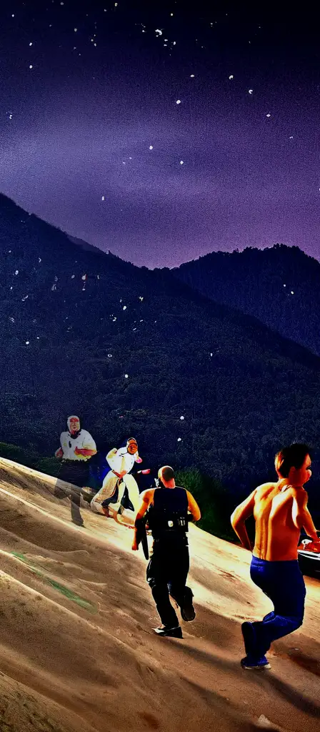 people running from the cops, a scene from the Infinite Tapestry endless AI painting
