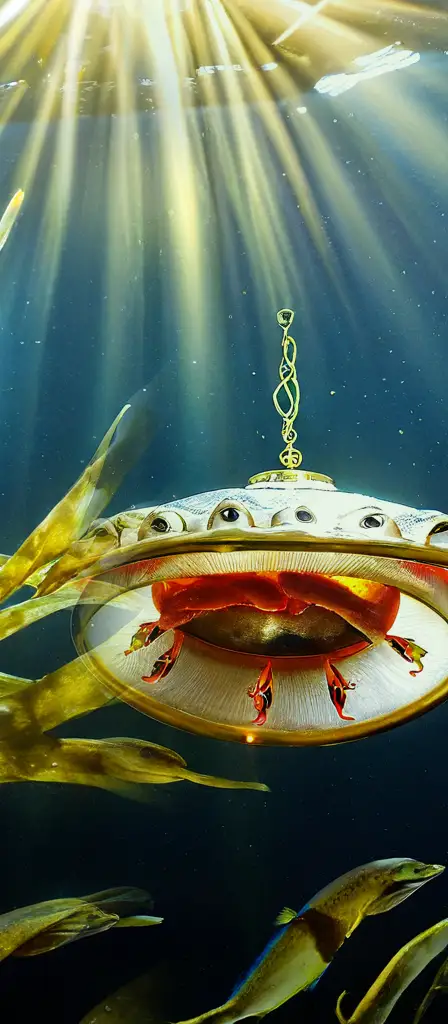 Flying saucer made of fish, a scene from the Infinite Tapestry endless AI painting