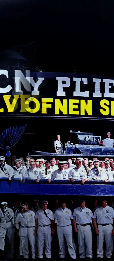 Transition into entirely new art style, 2D world abord a navy ship, pinup style tom of finland guys, a scene from the Infinite Tapestry endless AI painting