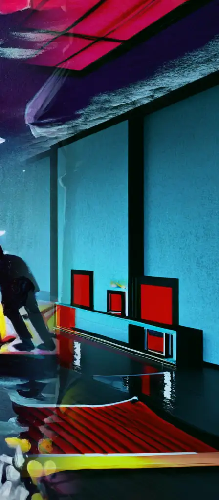 New room with red blue. black imagery psychedelic on walls 3D imagery, a scene from the Infinite Tapestry endless AI painting
