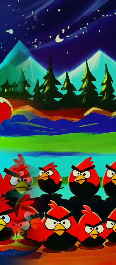More angry birds, a scene from the Infinite Tapestry endless AI painting