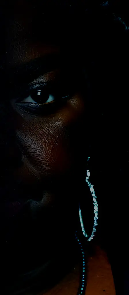 Even closer up front facig photo of a huge fat black lady, a scene from the Infinite Tapestry endless AI painting