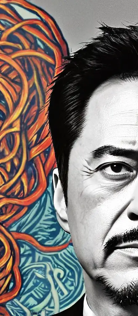 Deeply chinese tony stark. Very stereotypically chinese tony stark. Close up face, a scene from the Infinite Tapestry endless AI painting