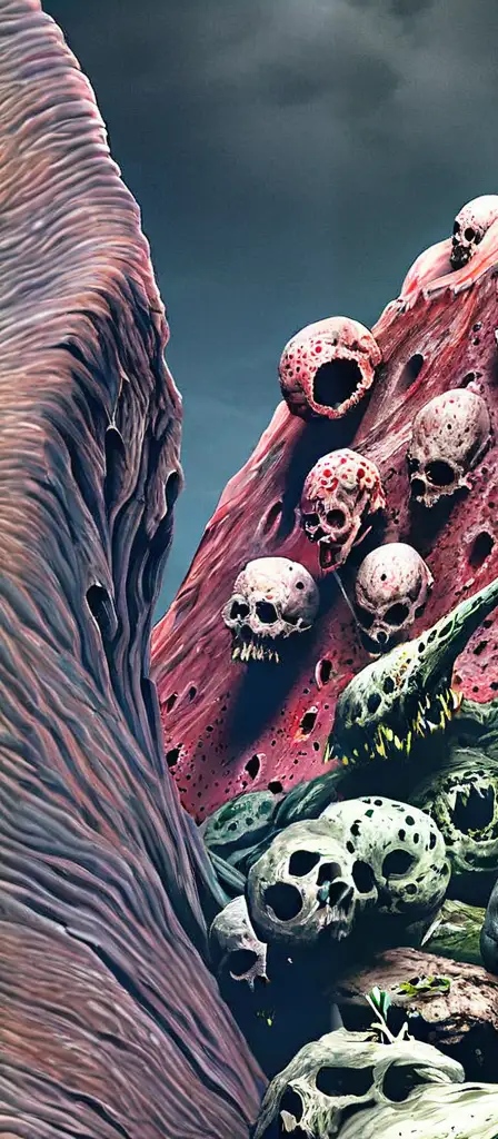 Flesh mountains of flesh. Flesh and body holes, a scene from the Infinite Tapestry endless AI painting